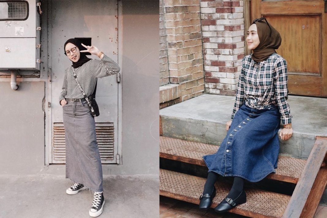 pakai jaket levis rok style jaket denim hijab Tips Memakai Rok Panjang Agar Tidak Terkesan Tenggelam